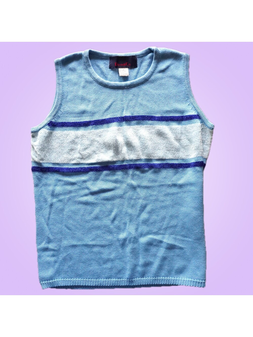 Vintage Denim & Co Blue Knit Sweater Vest Striped Y2K Size Small